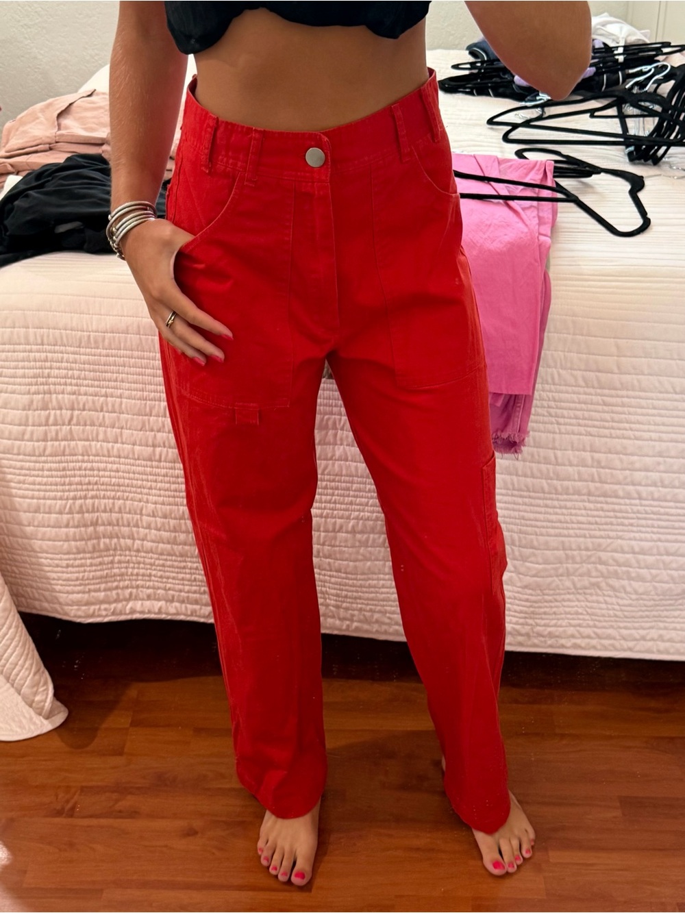 Zara Bright Red High-Rise Straight Leg Cargo Pants